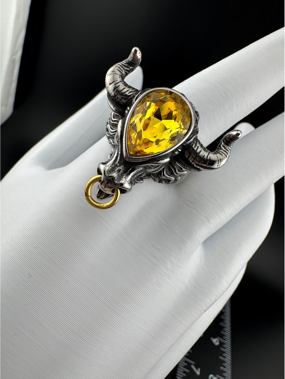 Zircon Inlaid Ox Head Men's Stainless Steel Ring Size 11